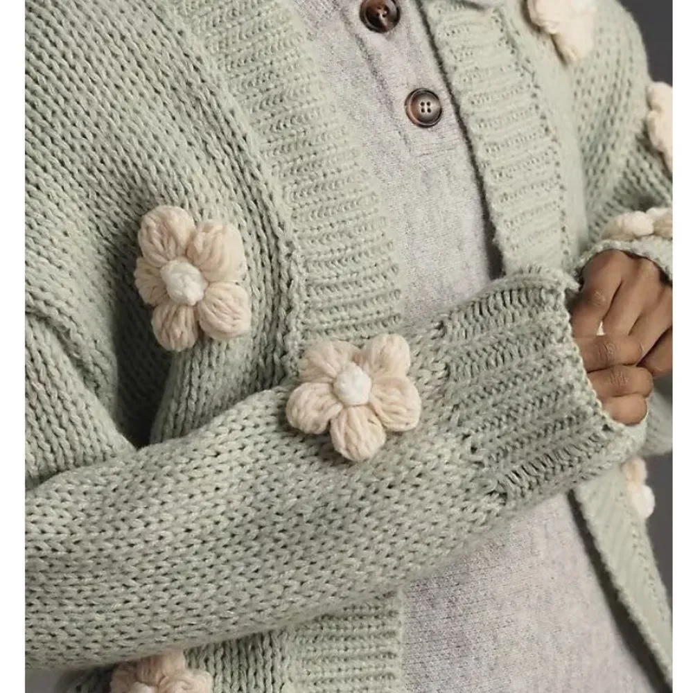 Anthropologie Susannah 3-D Flower Cardigan in Green NWOT - Picture 2 of 6